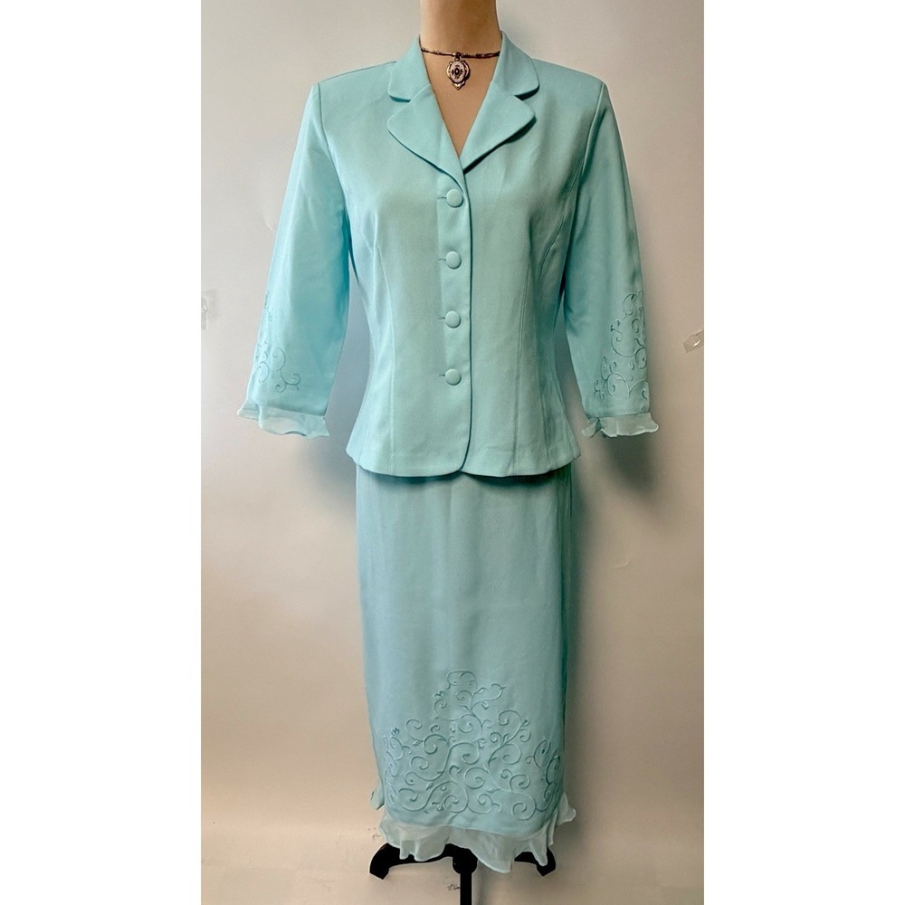 Vintage Women Skirt Suit Aqua Blue 2 PC Embroidered Sheer Ruffle Trim Sz 8 Glam